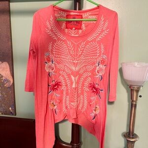 Johnny Was Coral Embroidered Scoop-Neck
